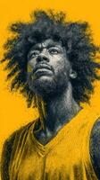 Dynamic basketball player with powerful expression under bright yellow backdrop during an intense moment of competition photo