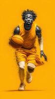 Dynamic basketball player sprinting towards the basket against a vibrant yellow background photo