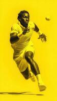 Athlete in motion captures the intensity of a tennis match on a vibrant yellow background photo