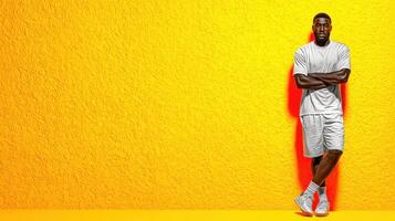 Young athlete stands confidently against vibrant yellow wall in urban setting during sunny afternoon photo