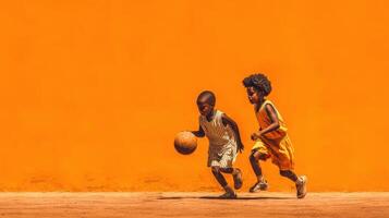 Two children play basketball in front of a vibrant orange wall during a sunny day in an urban neighborhood photo