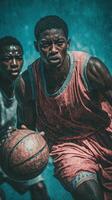 Intense basketball game showcasing young athletes competing outdoors under bright sunlight photo