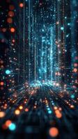 Colorful digital abstract background showcasing glowing particles and lines in a futuristic environment during a nighttime setting photo