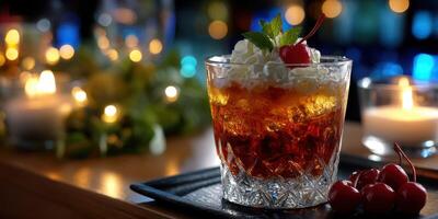 Cocktail with whipped cream and cherries served at a dimly lit bar during the evening photo