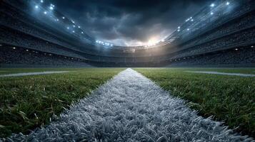 Stadium view showcasing a vibrant football field during twilight with dramatic lighting and an energetic crowd photo