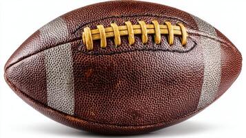 Vintage leather football resting on a surface with detailed stitching and texture, showcasing its craftsmanship and character photo