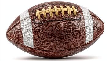 Football rests on a field, showcasing its textured surface and white laces during a sunny afternoon game photo