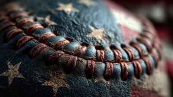Baseball with American flag design showcases intricate stitching details in close-up during a warm summer day photo