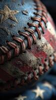 Worn baseball showcasing American flag design with visible stitching and texture in a close-up view photo