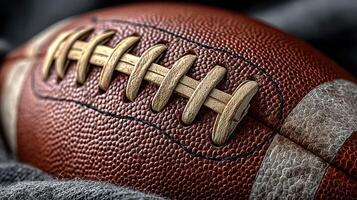 Close-up of a textured football resting on a dark fabric background during a sports event photo