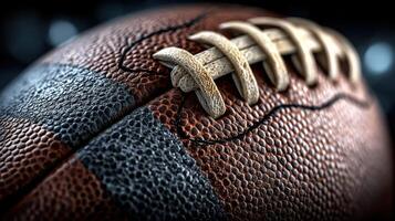 Close-up of a textured leather football showing laces and stitching in a dimly lit setting photo