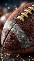 Close-up of a textured leather football resting on a surface during a game preparation in autumn photo