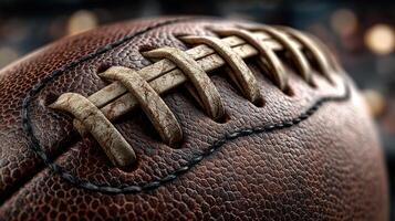 Close-up view of a weathered football showcasing intricate lacing and texture during a night sporting event photo