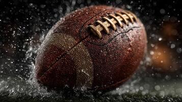 Football splashes in rain with droplets highlighted under intense lighting during a nighttime game photo