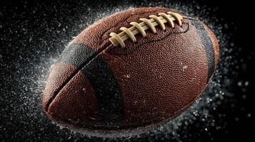 Football splashes through water creating dynamic motion in a striking close-up shot photo