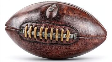 Vintage leather football resting on a white background showcasing intricate stitching and craftsmanship details photo