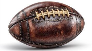 Vintage leather rugby ball resting on a clean surface in a well-lit indoor setting photo