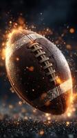 Football glistens with sparks while soaring through the air in a dramatic nighttime backdrop photo