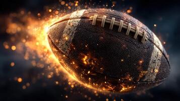 Dynamic football in motion surrounded by sparks during an intense game at evening photo