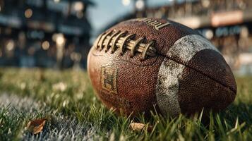 Football resting on the grass field during a sunny afternoon at a stadium before a major game photo
