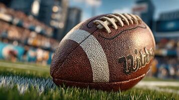 Football resting on green field with city skyline in background during game day excitement photo