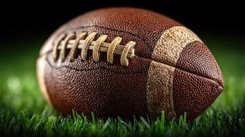 Close-up of an American football resting on vibrant green grass with a dark background highlighting its textured surface photo