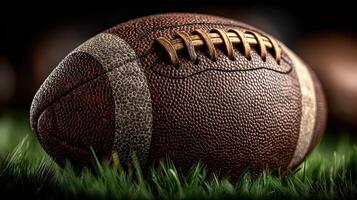 Classic brown football resting on green grass, ready for action during a game under bright stadium lights photo