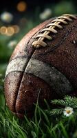 Vintage football resting on damp grass surrounded by wildflowers during an overcast day photo