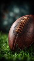 Leather football resting on grass in a dimly lit setting captures the essence of autumn sports photo