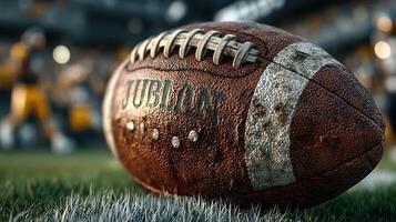 Vintage football resting on grass during a sunny day at the stadium before an exciting game photo
