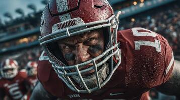 Intense football player focused on the game during a rainy afternoon match in a crowded stadium photo