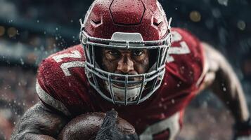 Intense football player charges forward in a downpour, determined to score during a critical match photo