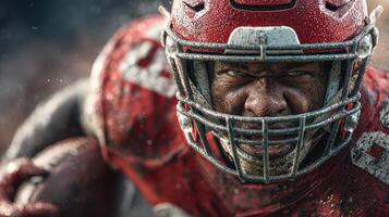 Intense football player running with determination during a rain-soaked match on a muddy field photo