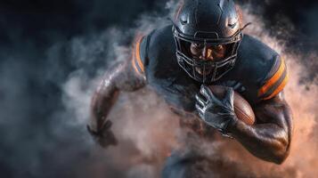 Football player sprinting through smoke during a night game under dramatic lighting photo