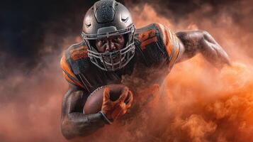 Dynamic football player charging through orange smoke during a dramatic moment on the field photo