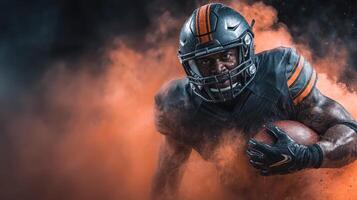 Powerful football player charging through colorful smoke during an intense game moment at night photo
