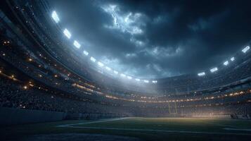 Weather challenges the atmosphere at a football stadium filled with enthusiastic fans during evening game time photo