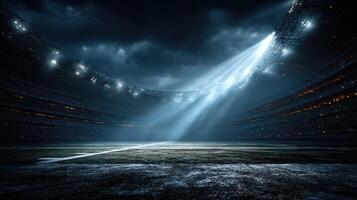 Dramatic stadium lights illuminate the field during a nighttime sports event in a large arena photo