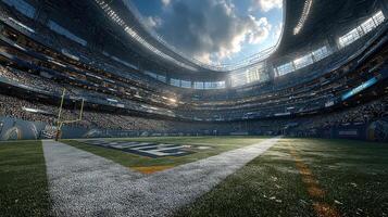 Exciting football game atmosphere in a packed stadium during afternoon with dramatic clouds overhead photo