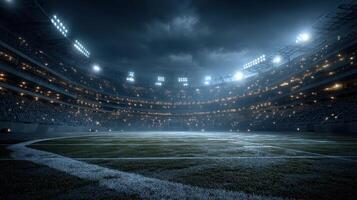 Stadium at night with stadium lights illuminating the field and empty stands during an event preparation photo
