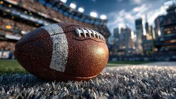 Football rests on the field as city skyline looms in the background during a game day in the stadium photo