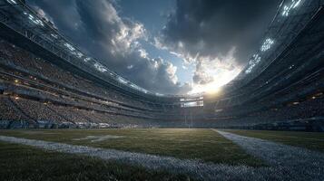 View of a packed stadium during a thrilling football match as dusk approaches with dramatic clouds overhead photo