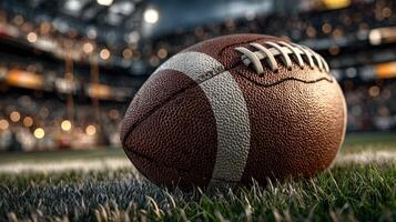 Football resting on the grassy field with stadium lights glowing in the background during an evening game photo