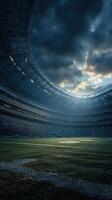 Dramatic stadium atmosphere during twilight before a big match in an empty arena photo