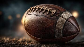 Vintage leather football resting on textured surface with soft lighting in background during evening hours photo