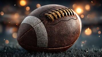 Exploring the texture and details of a classic brown football on a field with blurred lights in the background photo