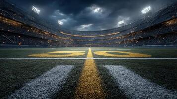 Nighttime football stadium view highlighting the 50-yard line with dramatic lighting and crowd anticipation photo
