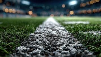 Grass turf close-up showing a football field with stadium lights during a night match in a vibrant sports atmosphere photo