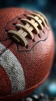 Close-up view of a well-worn football highlighting its texture and intricate stitching details photo