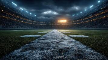 Nighttime football field illuminated by stadium lights with dark clouds overhead creating a dramatic atmosphere photo